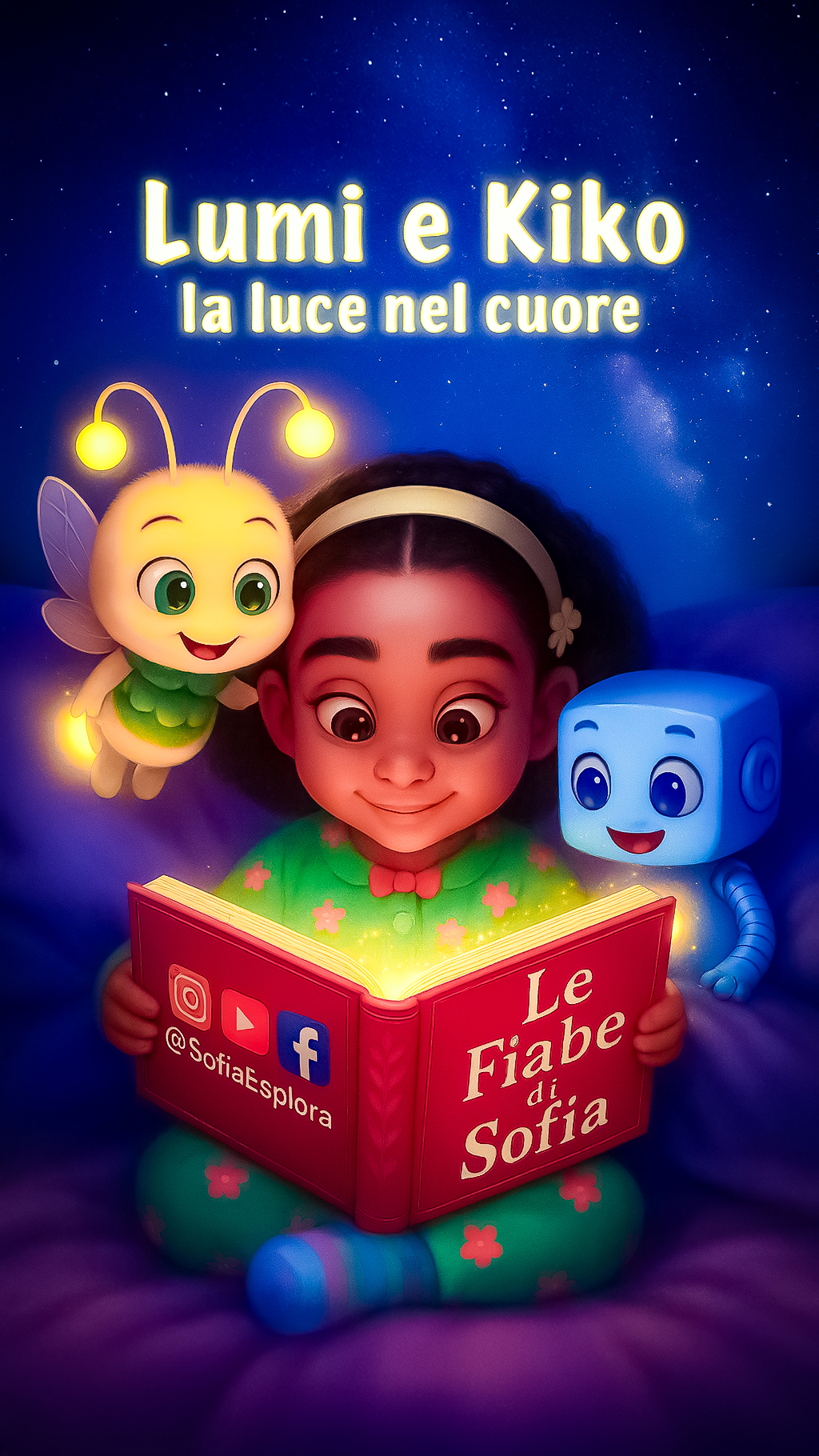 Copertina di un libro intitolato 'Le Fiabe di Sofia' con una bambina che legge il libro, accompagnata da un personaggio farfalla luminosa e un robot blu, con uno sfondo notturno con stelle.