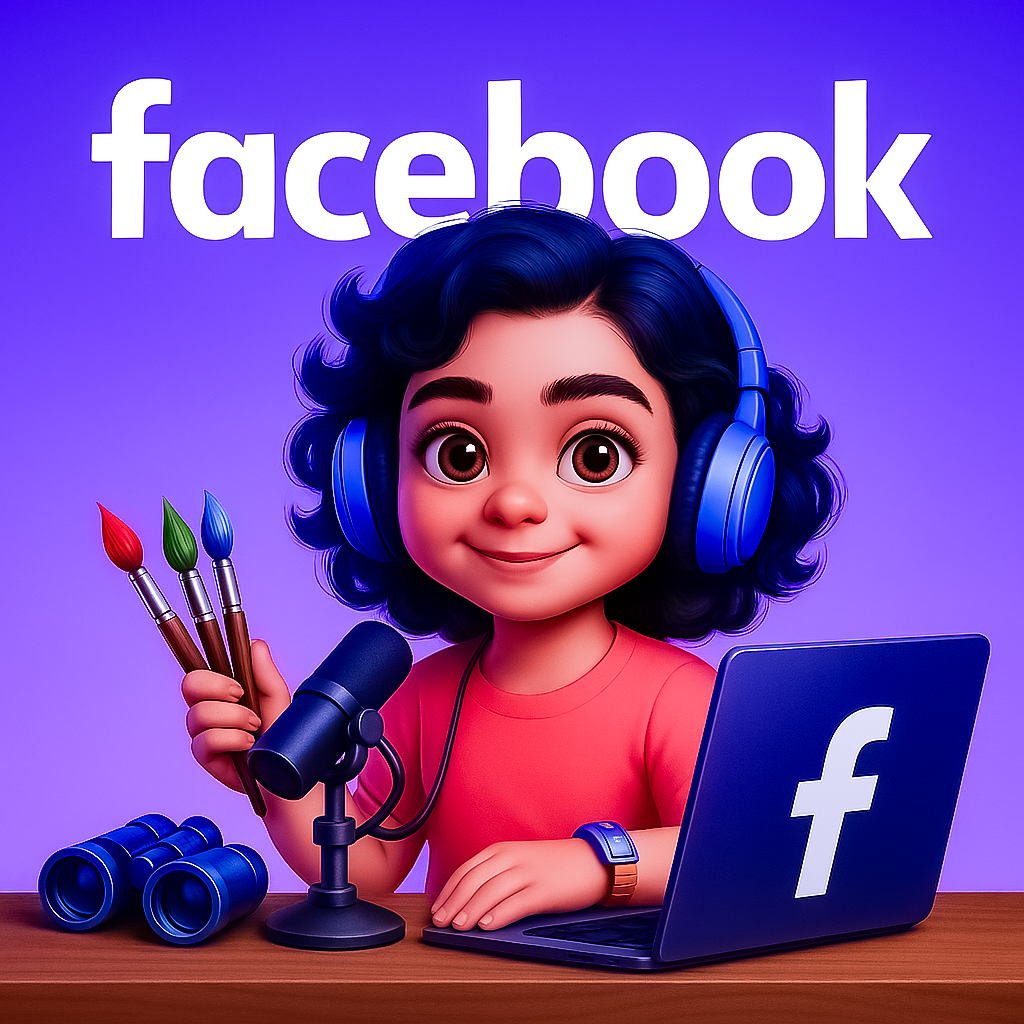 Simpatica mascotte digitale con grandi occhi e capelli ricci, indossa cuffie blu, tiene tre pennelli colorati, è seduta davanti a un laptop con il logo di Facebook e ci sono delle lenti ottiche sul tavolo