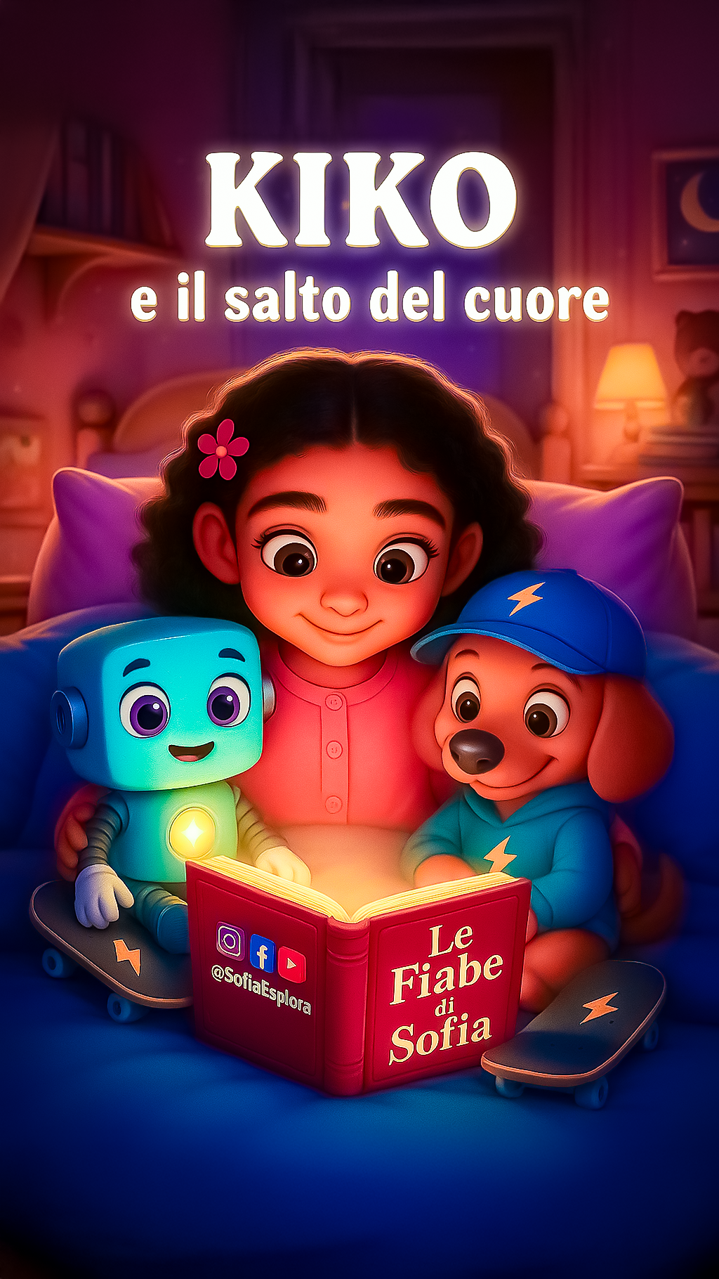 Copertina di un libro intitolato 'Le Fiabe di Sofia' con una ragazza e due animali robot e cane, che leggono seduti nel letto.