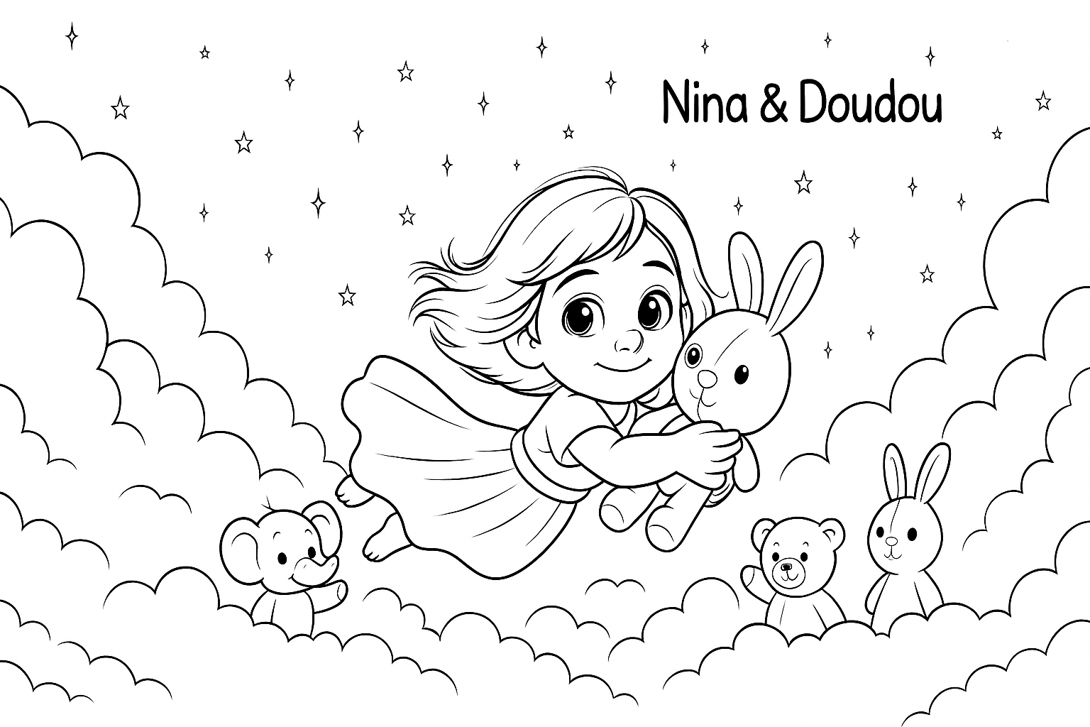 Coloring page con una bambina con ali che vola tra le nuvole, circondata da orsetti e coniglio, con stelle sullo sfondo e il testo 'Nina & Doudou' in alto.