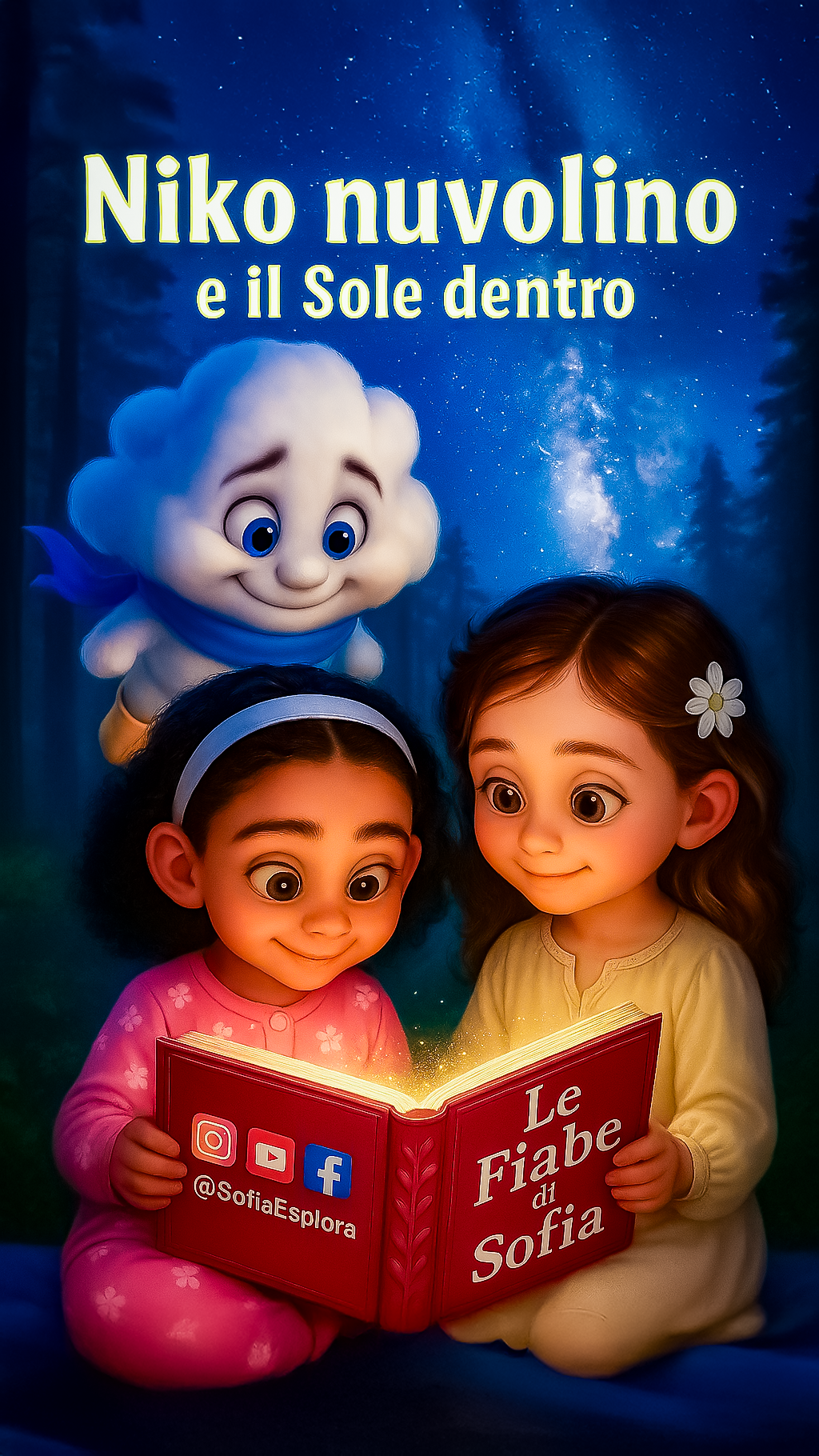 Copertina di un libro per bambini con due bambine che lo leggono, una con capelli riccioli e l'altra con capelli lisci e fiori. Sfondo di un bosco di notte con una galassia.