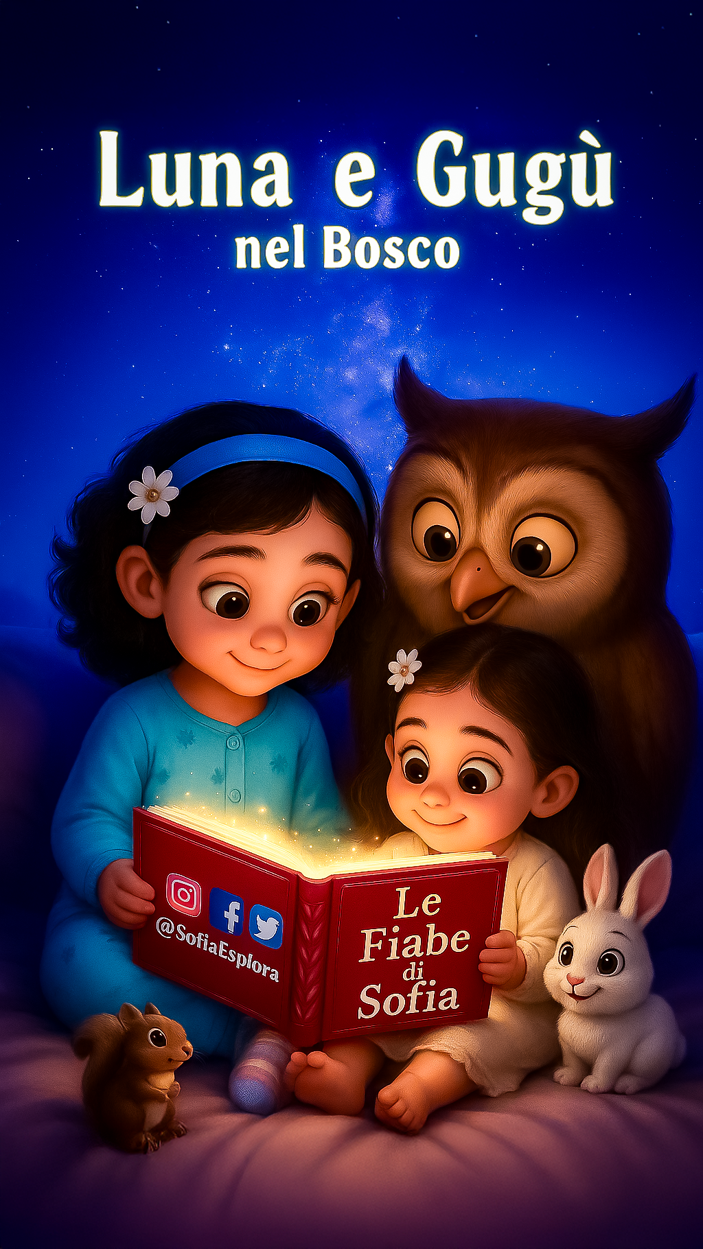 Copertina del libro illustrato "Le Fiabe di Sofia" con due bambine, un gufo, un coniglio e un criceto, sotto un cielo stellato.