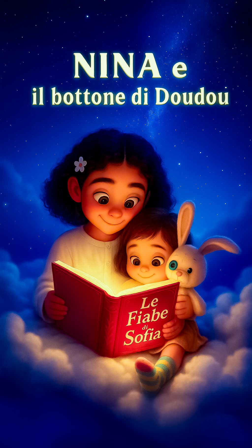 Copertina di un libro intitolato "Le Fiabe di Sofia" con due bambole animate e un coniglietto, seduti su nuvole sotto un cielo stellato