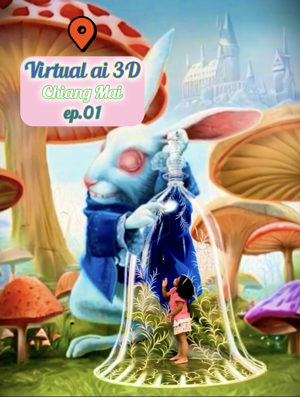 Immagine di un'area di divertimento in stile fantastico con un grande coniglio blu che tiene una borsa trasparente luminosa, una ragazza in piedi davanti e grandi funghi colorati sullo sfondo.