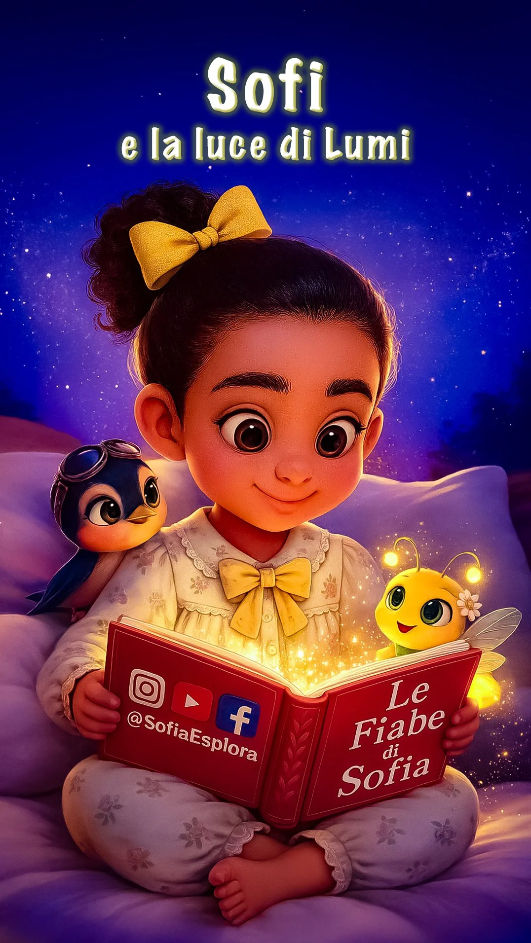 Immagine di una bambina con grandi occhi seduta sul letto con un libro intitolato "Le Fiabe di Sofia", circondata da personaggi animati di fiabe, con uno sfondo di notte stellata.