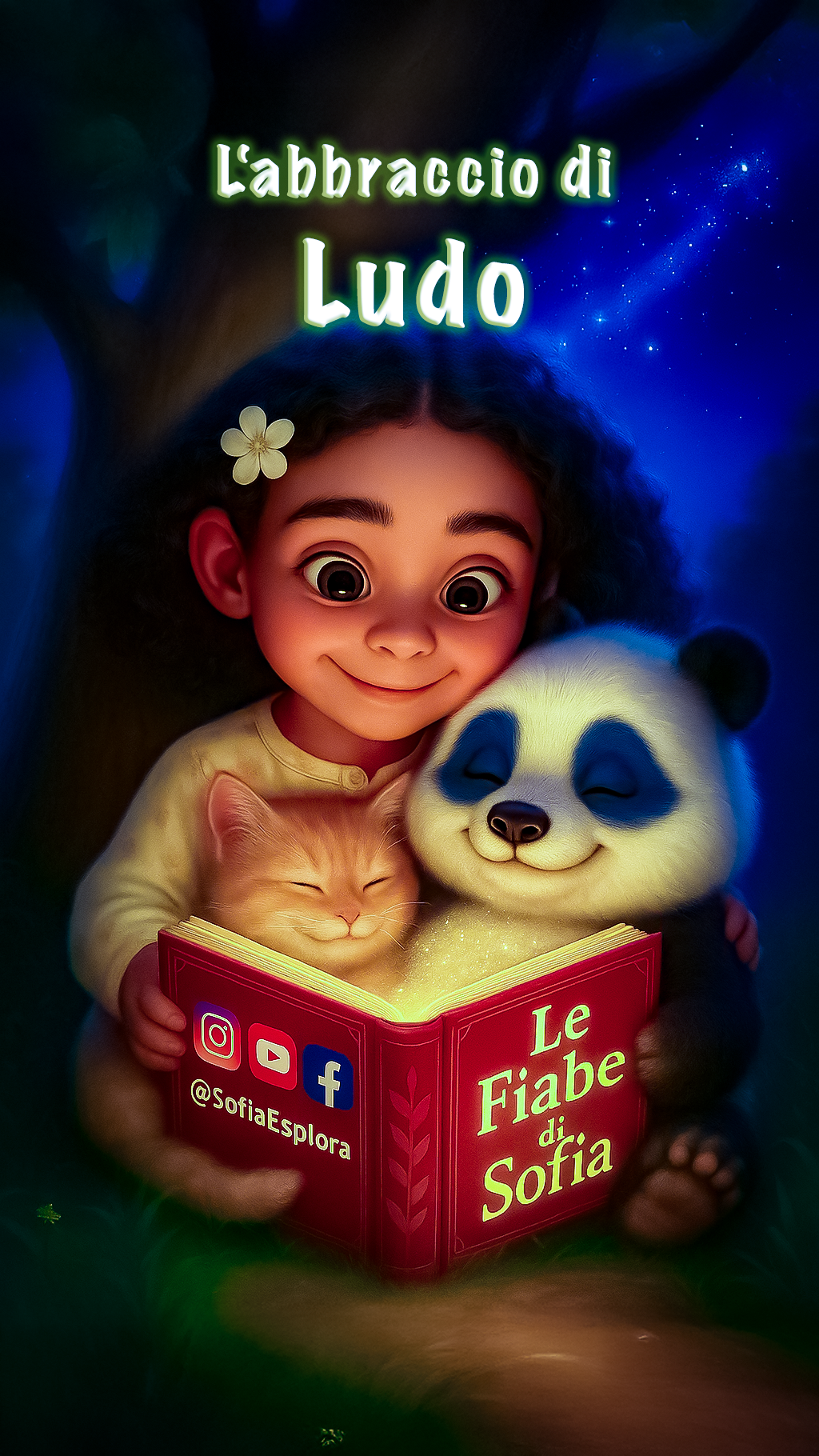 Copertina di un libro intitolato 'Le Fiabe di Sofia' con un bambino, un gatto e un panda animati, seduti sotto un albero, che leggono insieme.