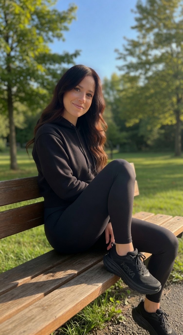 A woman with long, dark hair sitting on a wooden park bench, wearing a black hoodie, black leggings, and black athletic shoes, smiling at the camera with a background of green trees and a bright blue sky.