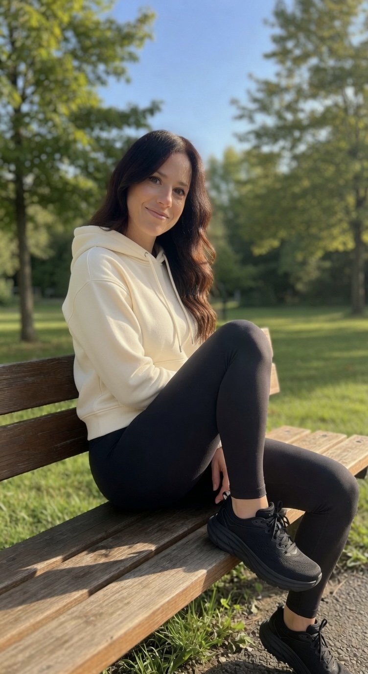 A woman with long dark hair sitting on a wooden park bench, wearing a cream hoodie, black leggings, and black athletic shoes, in a green park with trees and a blue sky in the background.
