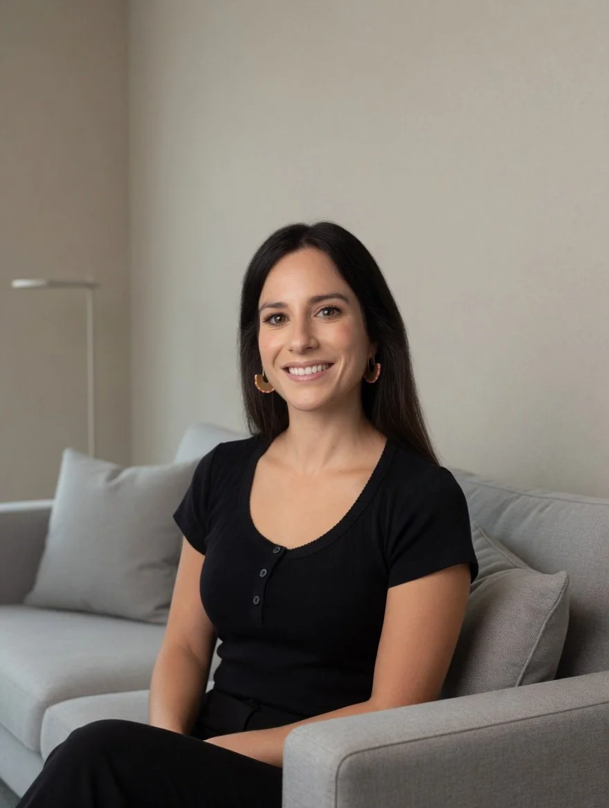 A smiling woman with dark hair, wearing a black top and gold hoop earrings, sitting on a light-colored sofa in a neutral room.