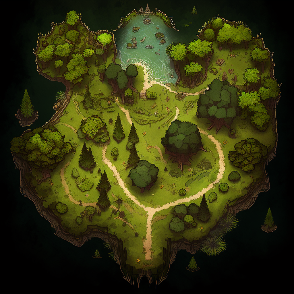 A detailed fantasy-style map of a lush island with dense forest, a central open area, a winding path, and a lake at the top surrounded by trees.