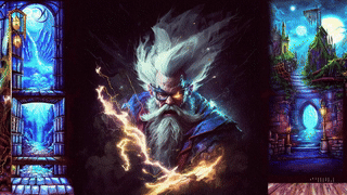 A wizard with glowing white hair and beard casting lightning spells, flanked by mystical blue-lit architecture with arches and towers.