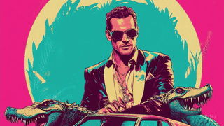 A man wearing sunglasses and a leather jacket standing behind a car with crocodiles on the hood, against a colorful, artistic background.