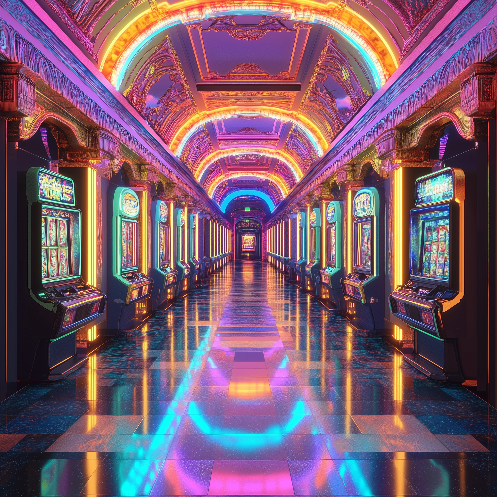 Neon-lit casino hallway with slot machines on both sides, reflecting colorful lights on a shiny floor, featuring arched ceilings decorated with vibrant neon lights.
