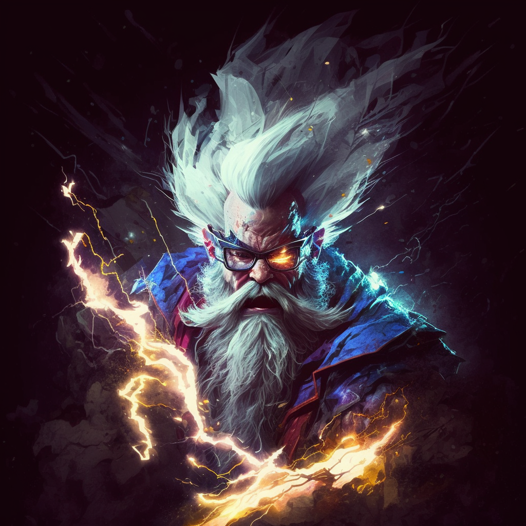 Stylized digital artwork of an elderly man with long white hair and beard, wearing glasses with one glowing eye, surrounded by lightning and energy, with a dark background.