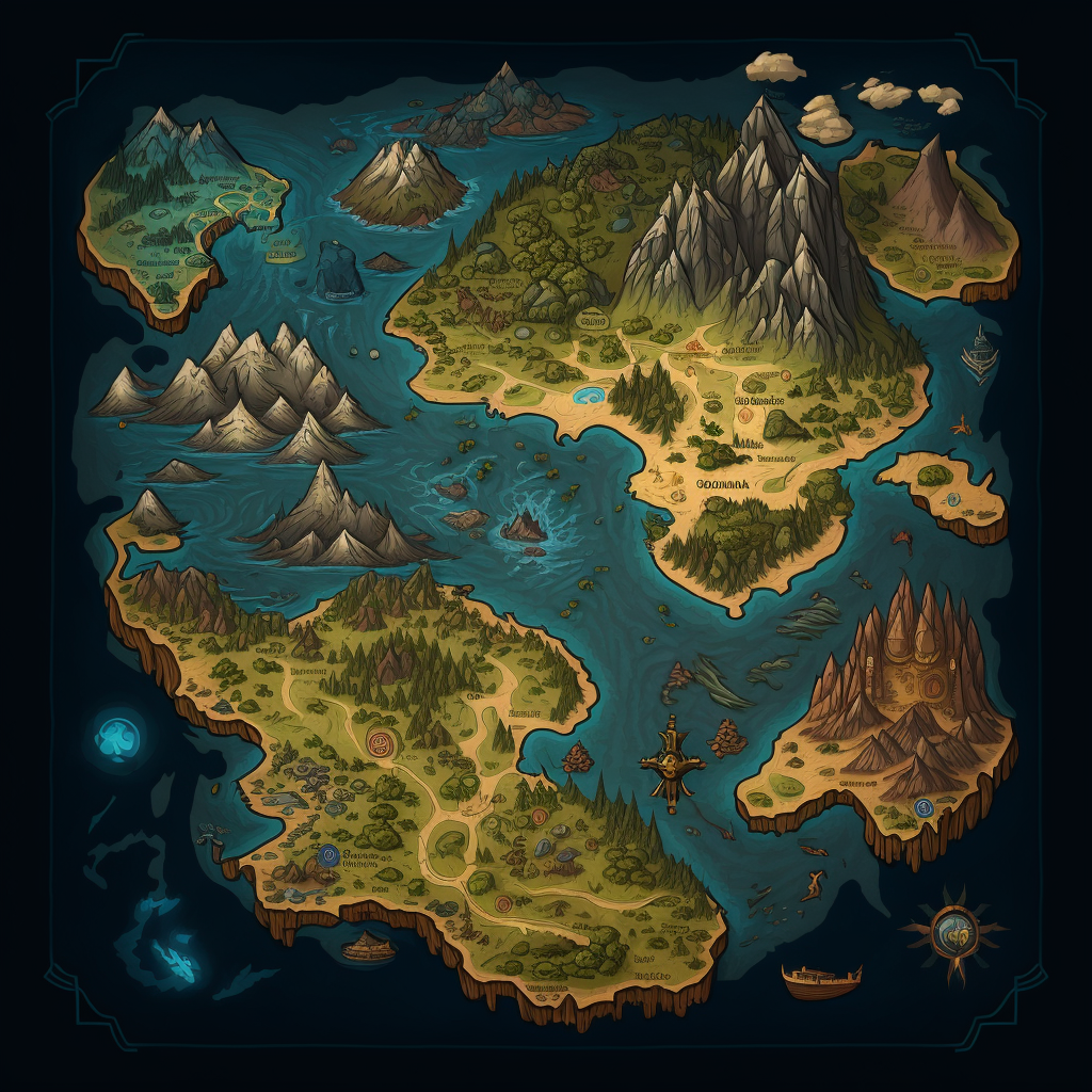 A fantasy-style map featuring various land areas, mountains, forests, lakes, and islands, with labels indicating different regions and locations.