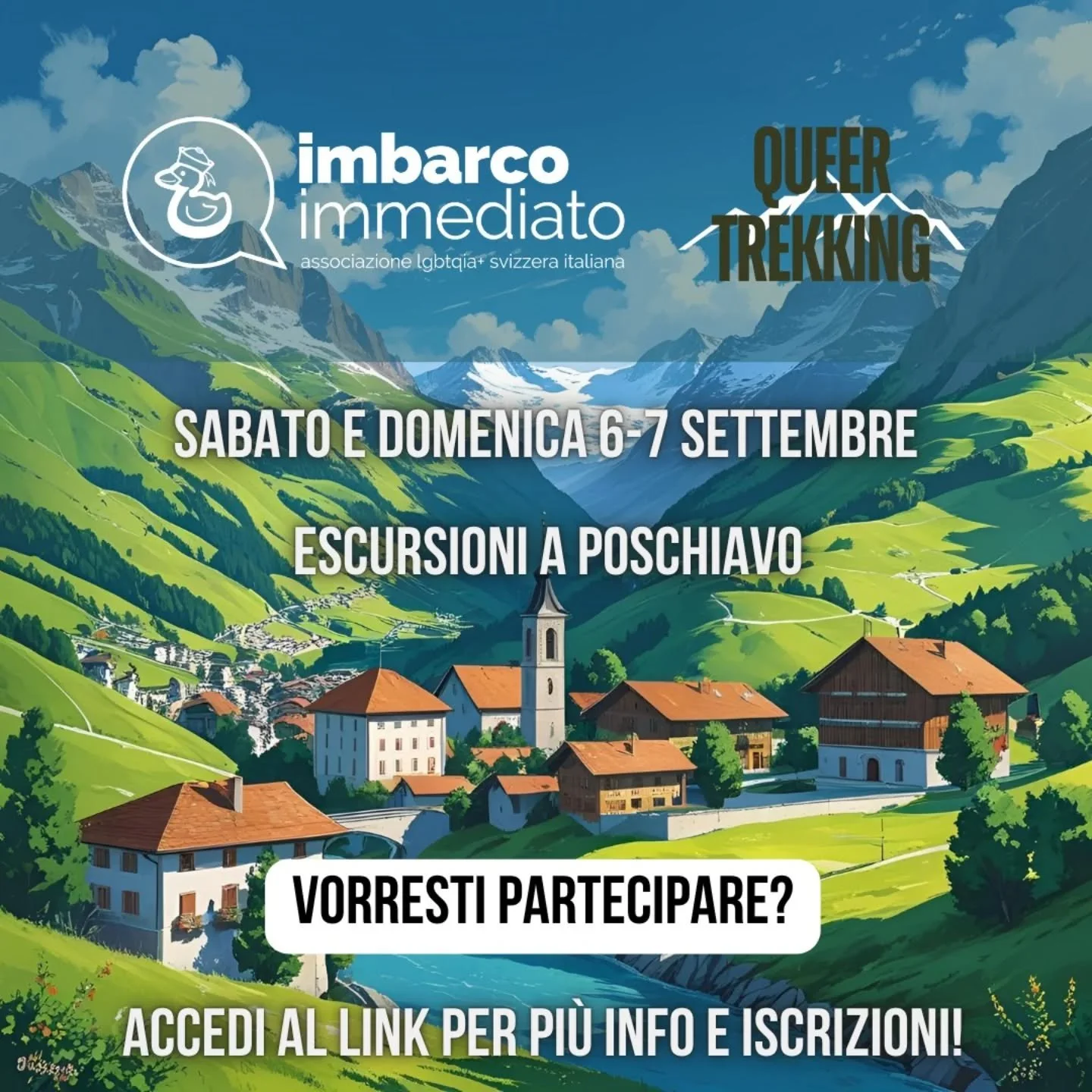 📣 Come avrete gi&agrave; letto in un nostro post precedente, il 6 e 7 settembre ci trasferiremo a Poschiavo per trascorrere del tempo insieme, conoscere la comunit&agrave; locale e le amiche e gli amici di Valtellina Arcobaleno! 🌈

Il nostro gruppo