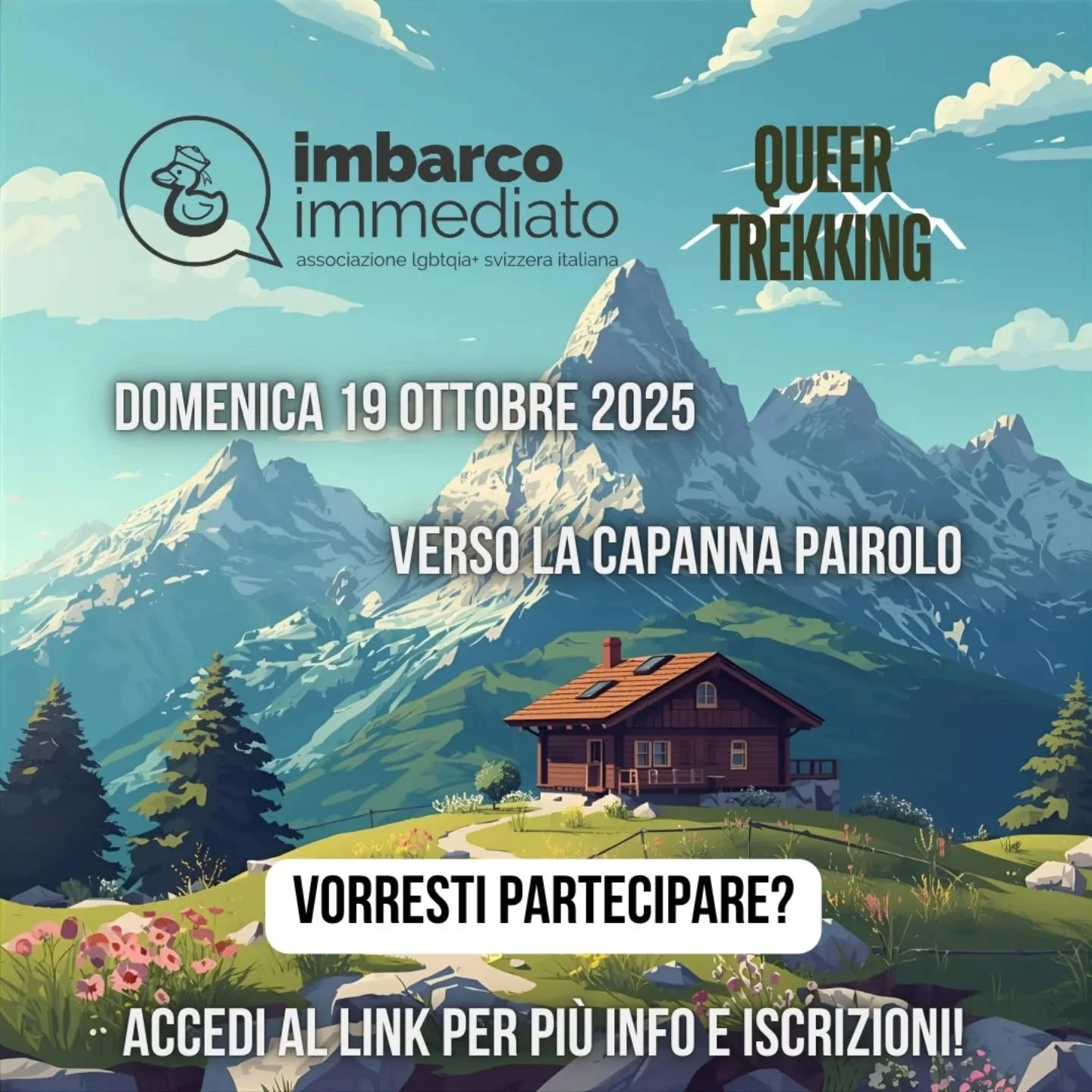 Il nostro prossimo appuntamento di Queer Trekking ci porter&agrave; verso la Capanna Pairolo, domenica 19 ottobre ⛰️🍂
Vorreste aggregarvi alla ciurma? Accedete al link per maggiori info sul programma e iscrizioni! 😍

https://forms.gle/hEhGCn7YSqVhV