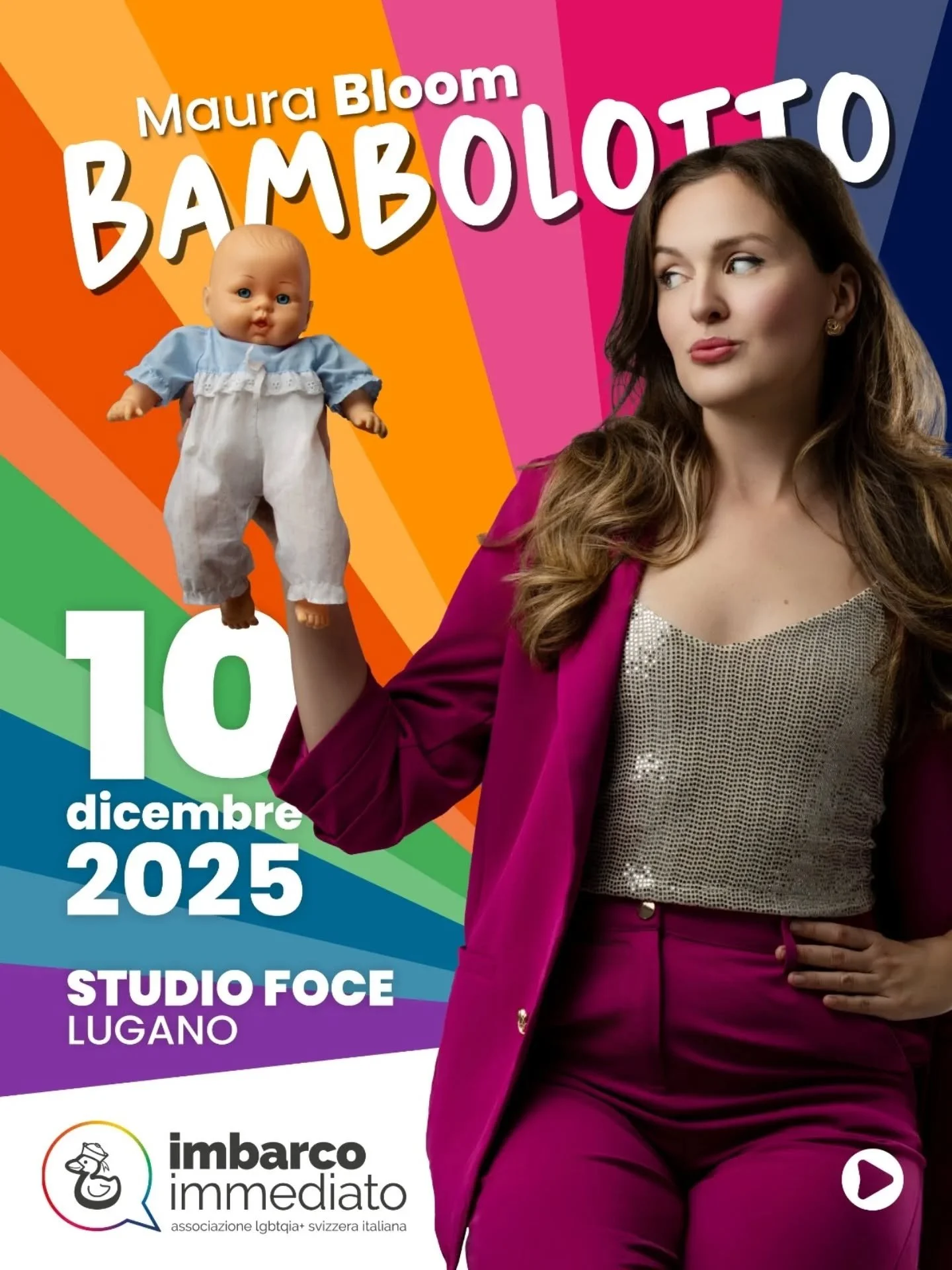 Vi aspettiamo mercoled&igrave; 10 dicembre allo Studio Foce di Lugano per uno spettacolo di stand-up comedy unico nel suo genere! 🌈

In un mondo dove le regole sono ribaltate e i ruoli di genere capovolti, la comica, attrice e scrittrice Maura Bloom