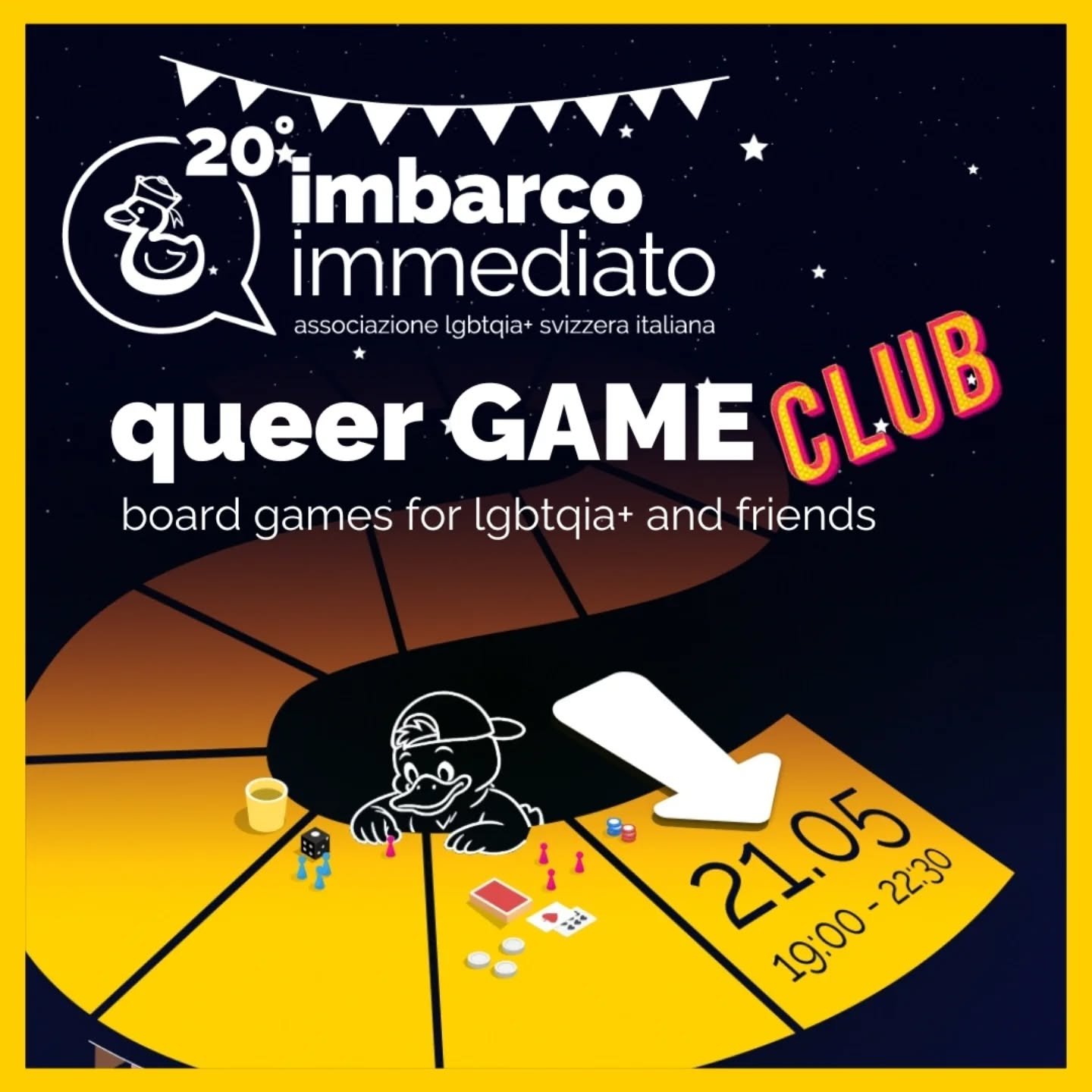 📣📣 Attenzione❕️
In arrivo la prima serata: queerGame CLUB ♟️🎲🃏🎉
Una serata di giochi da tavolo organizzata da Imbarco Immediato, aperta alla comunit&agrave; queer e alle persone alleate ✨️ L&rsquo;evento prevede la possibilit&agrave; di partecip