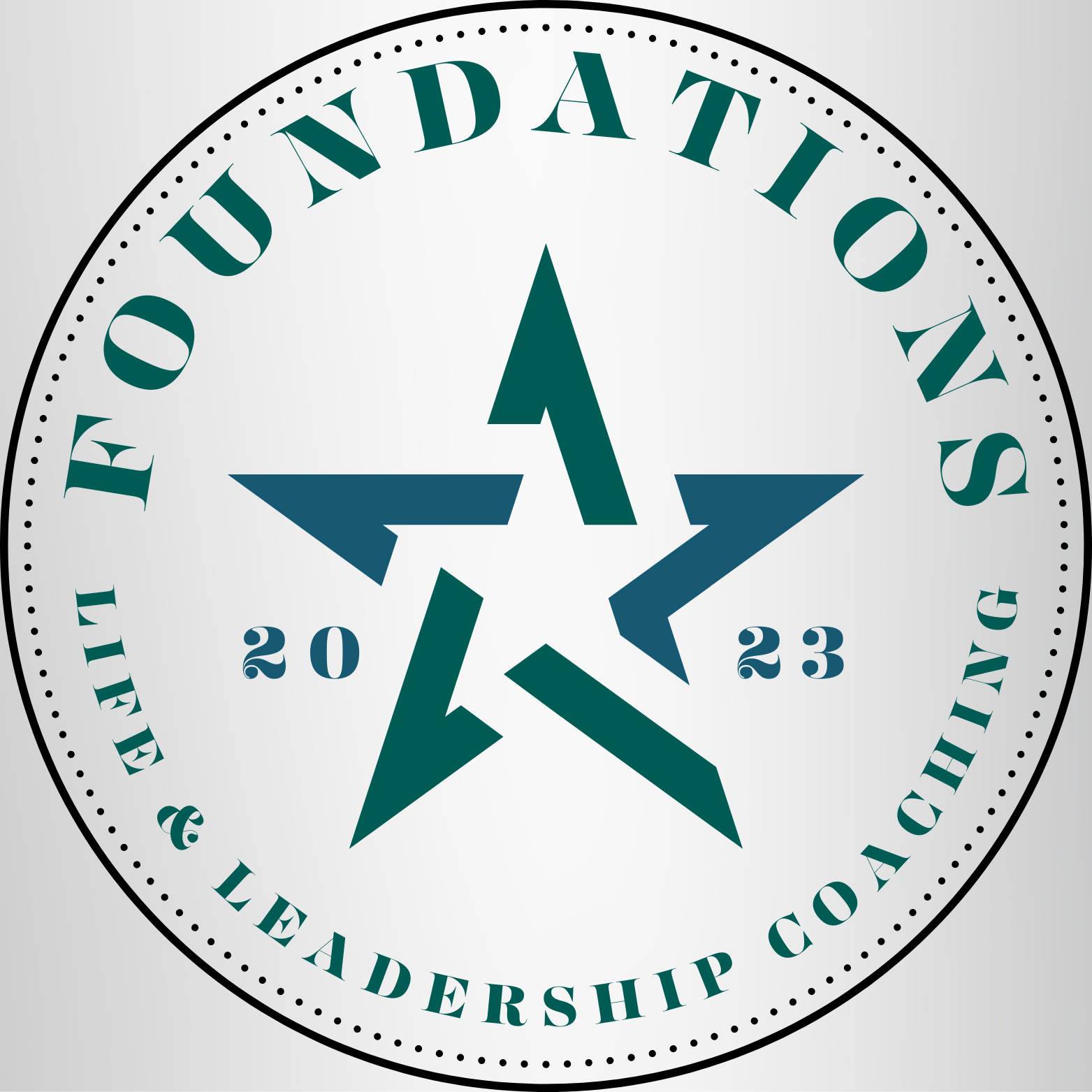 Logo of the Foundations Life & Leadership Coaching with a star and arrows, year 2023