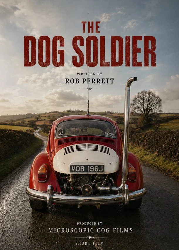 A vintage red Volkswagen Beetle car parked on a rural road with fields and trees in the background, under a cloudy sky. The image is the cover of a short film titled 'The Dog Soldier' by Rob Perrett.
