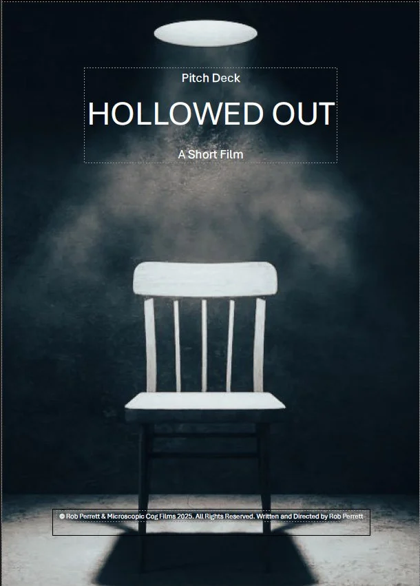 A poster for a short film titled 'HOLLOWED OUT' shows a white wooden chair under a ceiling light with a dark background and a spotlight on the chair, casting a shadow.