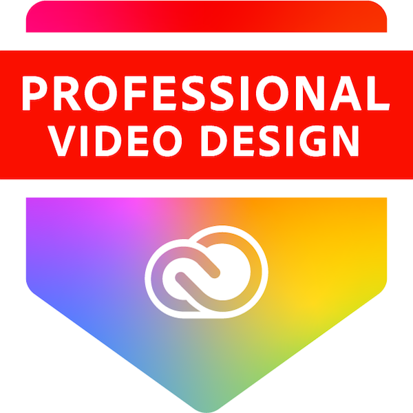 Badge with red top section reading 'PROFESSIONAL VIDEO DESIGN', rainbow-colored lower section with Adobe Creative Cloud logo.