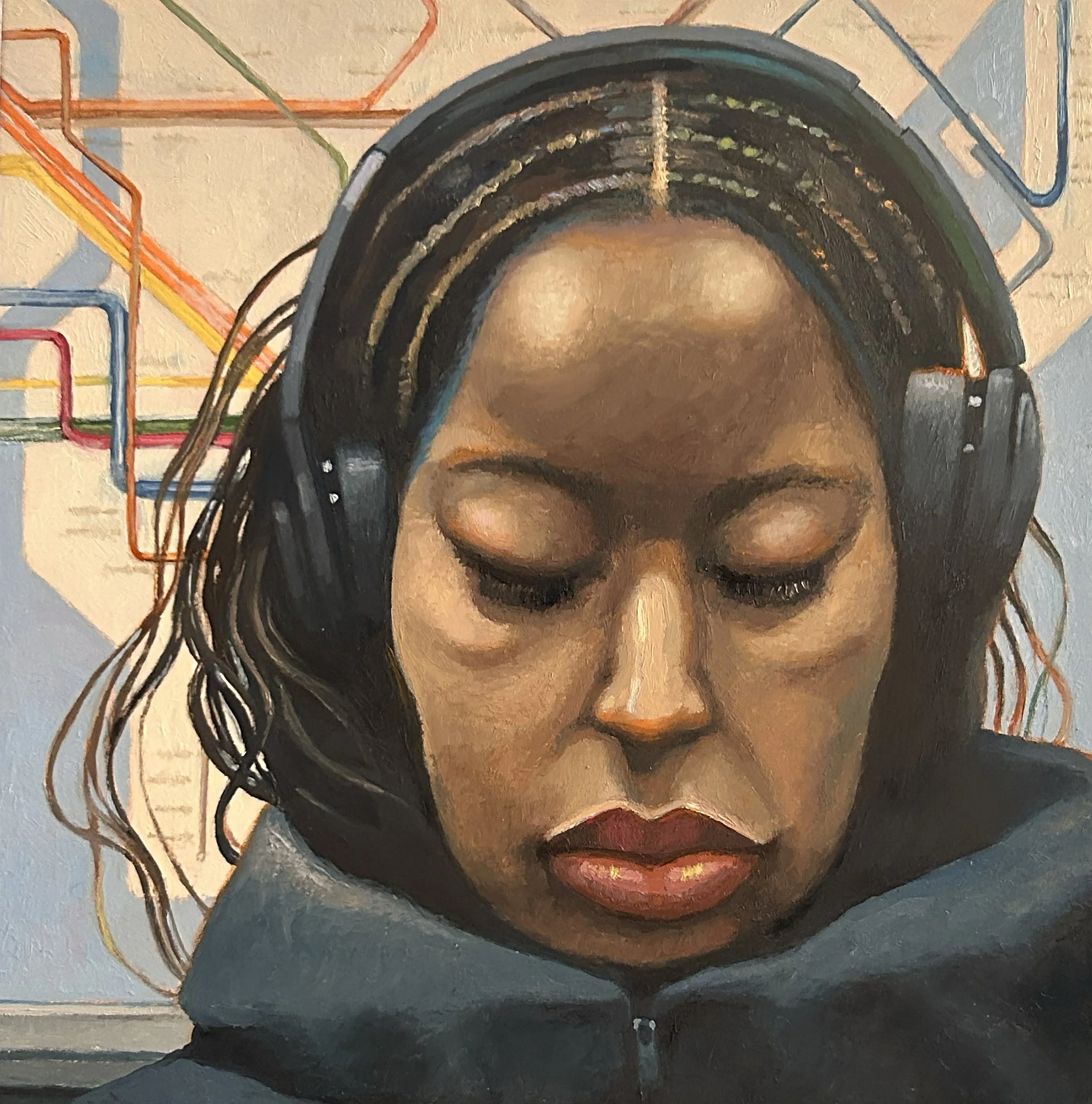 On the C Train 2, 6"x6", Oils on Panel
