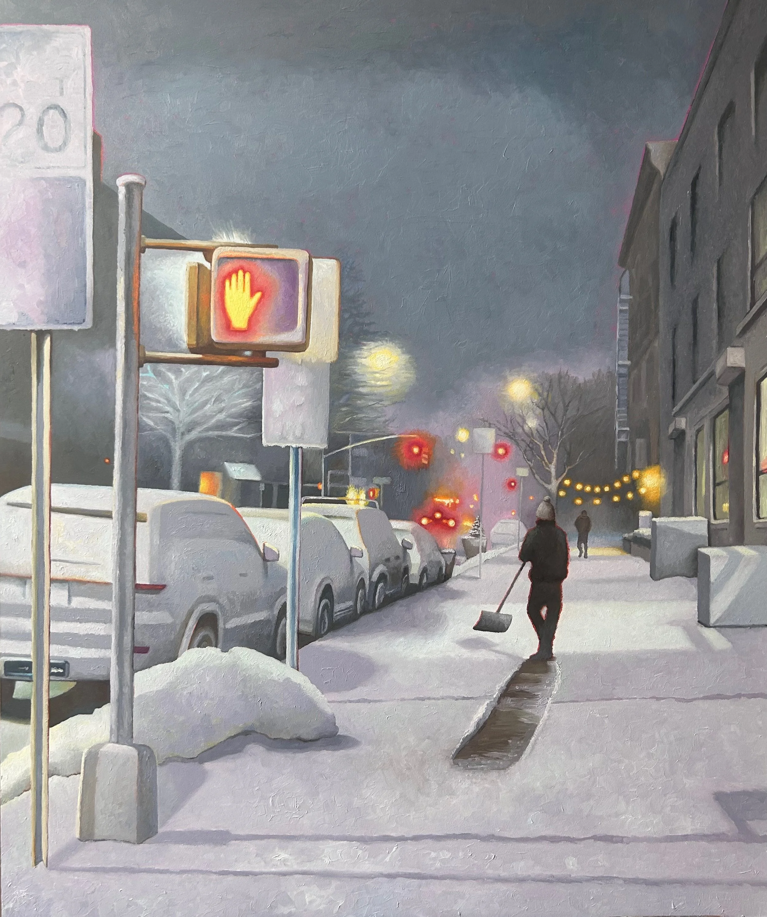Snowfall on the Corner of Walk and Don't Walk, 20" x 24", Oils on Panel
