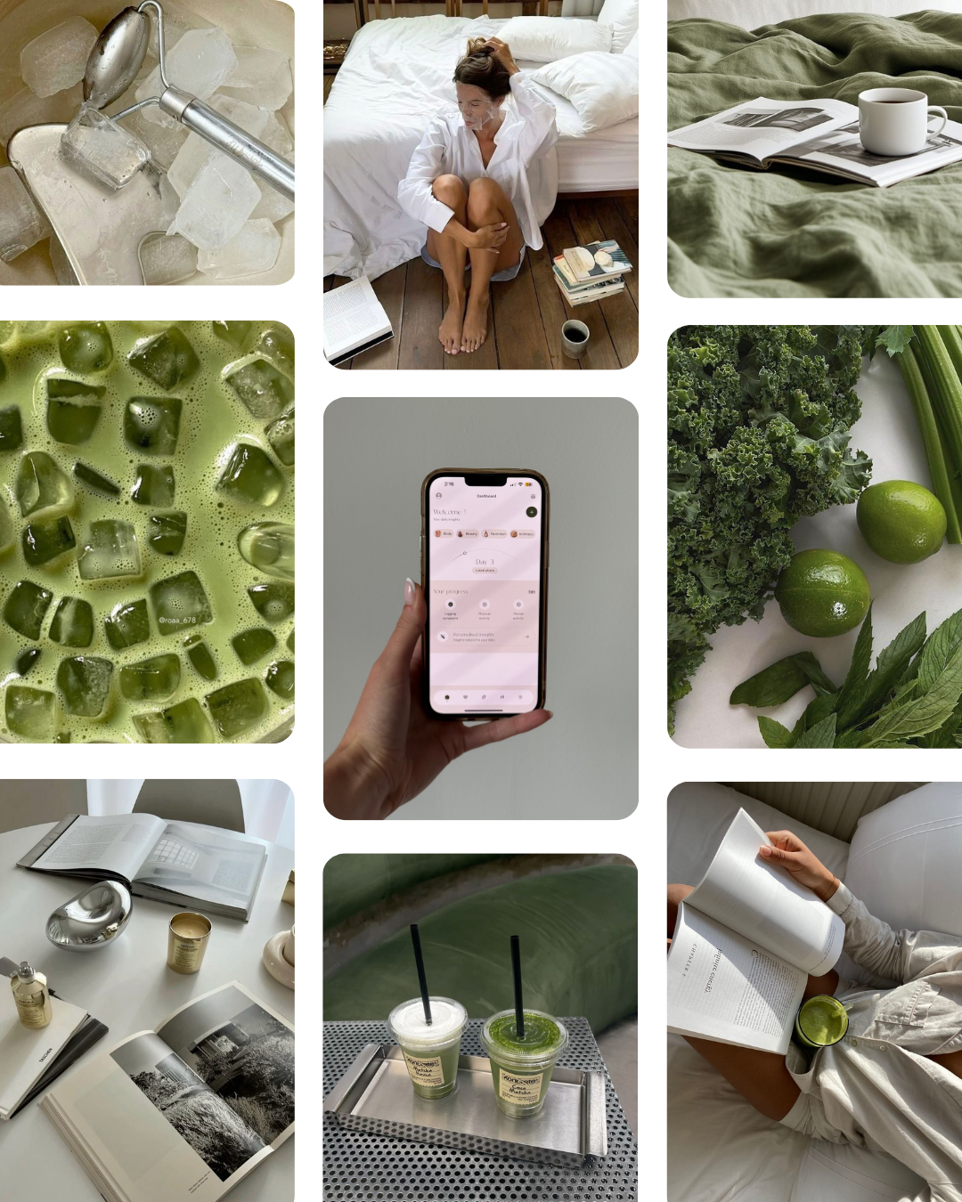 Collage of lifestyle and wellness scenes including ice in a metal scoop, a woman stretching or waking up in bed, a cup of coffee and an open magazine on a green blanket, a close-up of iced matcha or green tea, a hand holding a phone displaying a wellness app, fresh kale, limes, and herbs, open books and skincare products on a table, two green smoothies with straws, and a person reading a book with a lime on their lap.
