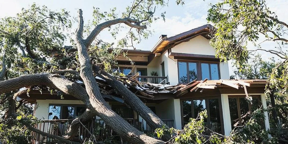 A large tree too close to the house has fallen onto the roof, causing visible damage and scattering broken branches around.