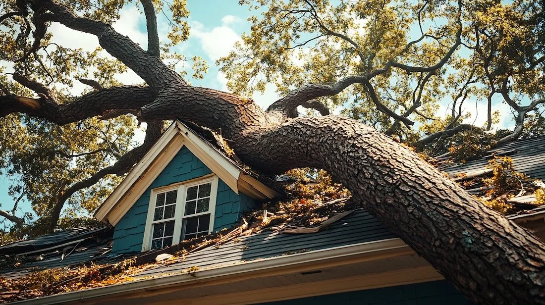 A large tree too close to house has fallen onto the roof, causing visible damage and breaking several branches.