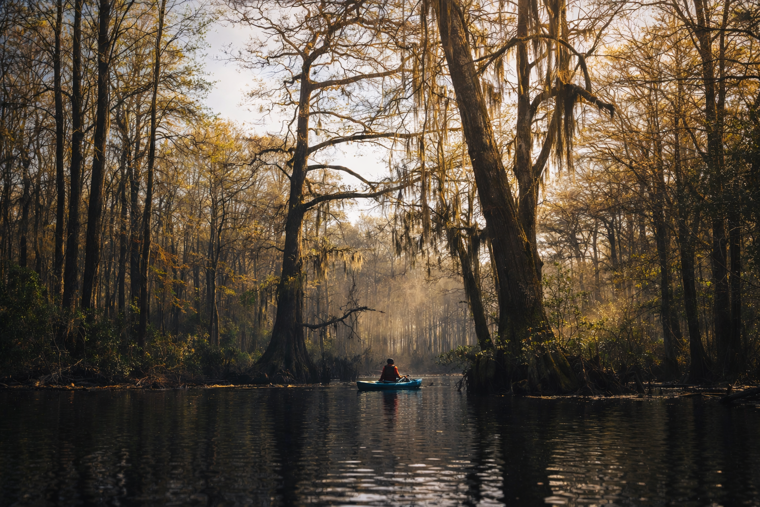 A person in a kayak paddling through a swamp with large moss-draped trees and sunlight filtering through the branches.