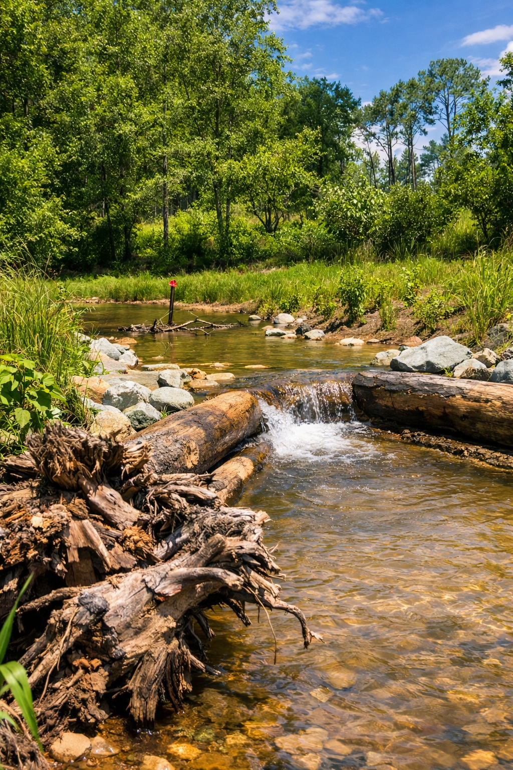 A small creek flowing through a lush green forest on a sunny day.
