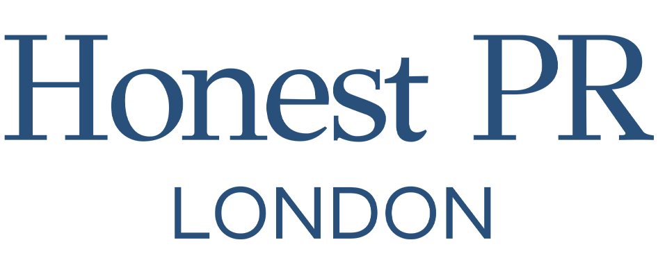 Logo for Honest PR London with blue text on a black background.