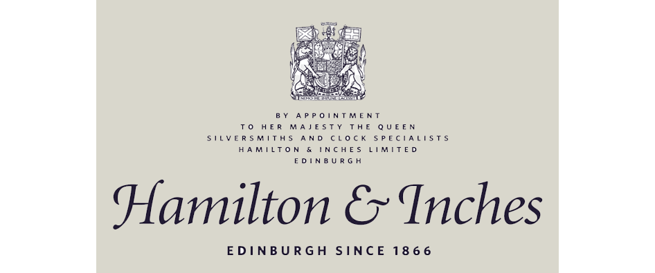 A vintage business card for Hamilton & Inches, a jewelry and clock specialist in Edinburgh, established in 1866, featuring a royal crest at the top.