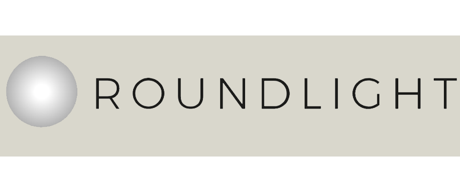 Logo with a silver sphere and the word 'ROUNDLIGHT' in black letters on a light gray background.