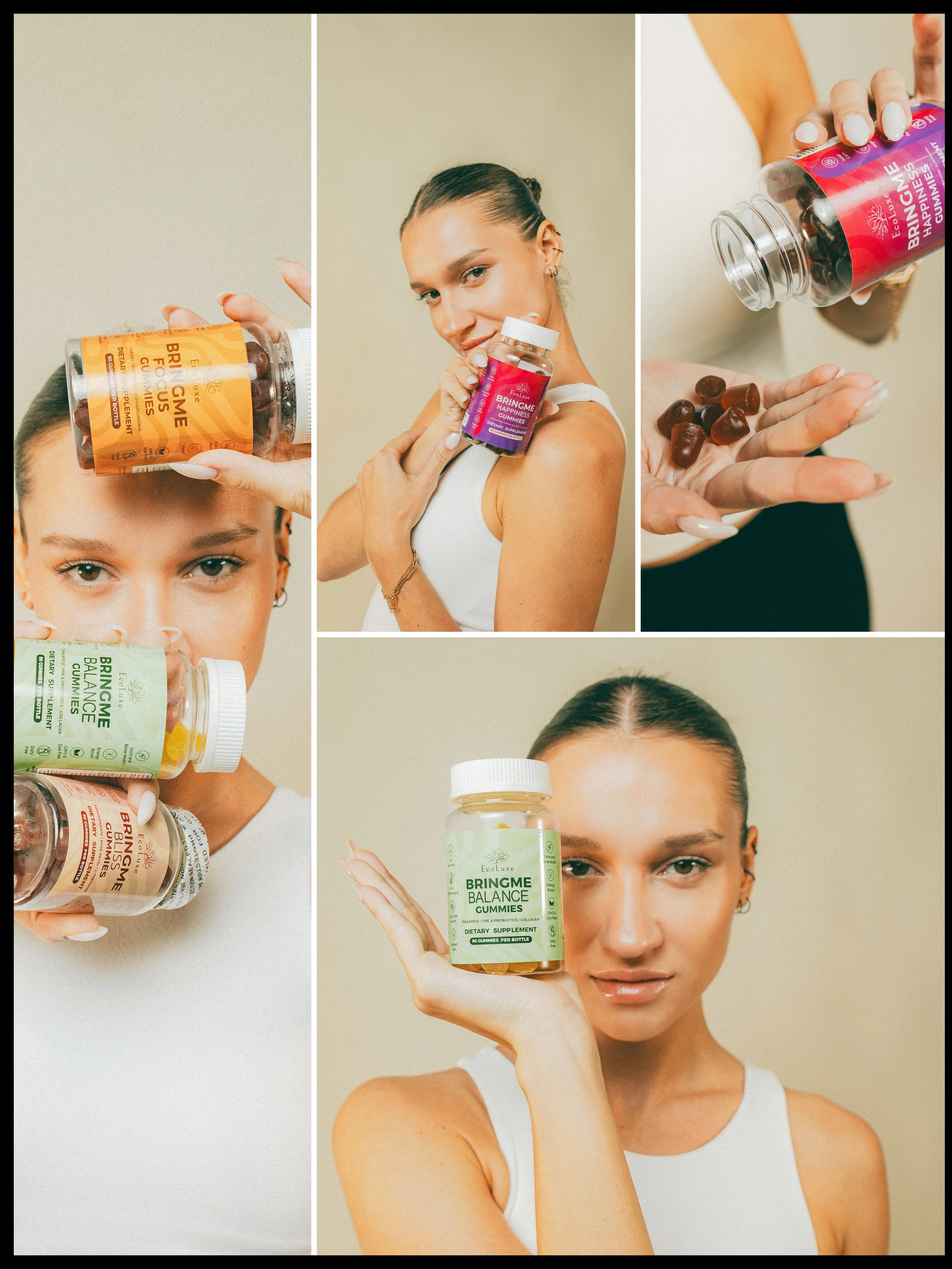 A collage of five images featuring a woman with dark braided hair holding and displaying various gummy supplement bottles and close-up of gummies, with a neutral background.