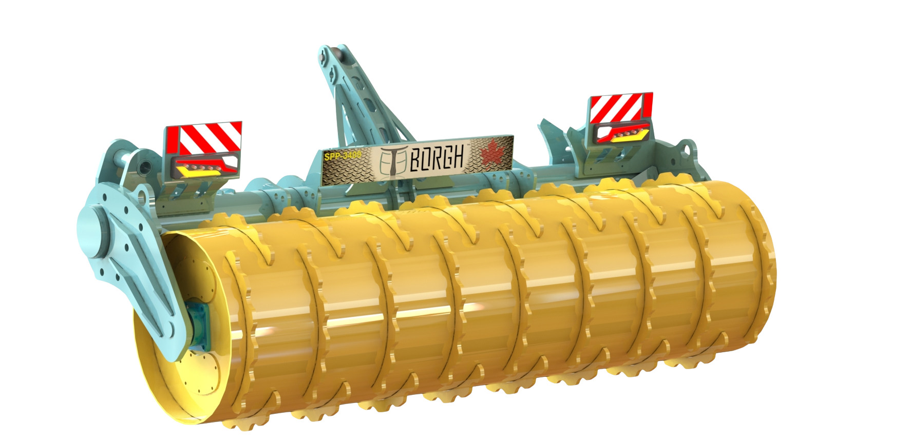 A large industrial silage packer roller with blue and yellow parts, featuring red and white caution stripes, and the title "BORGH" on a metal plate.