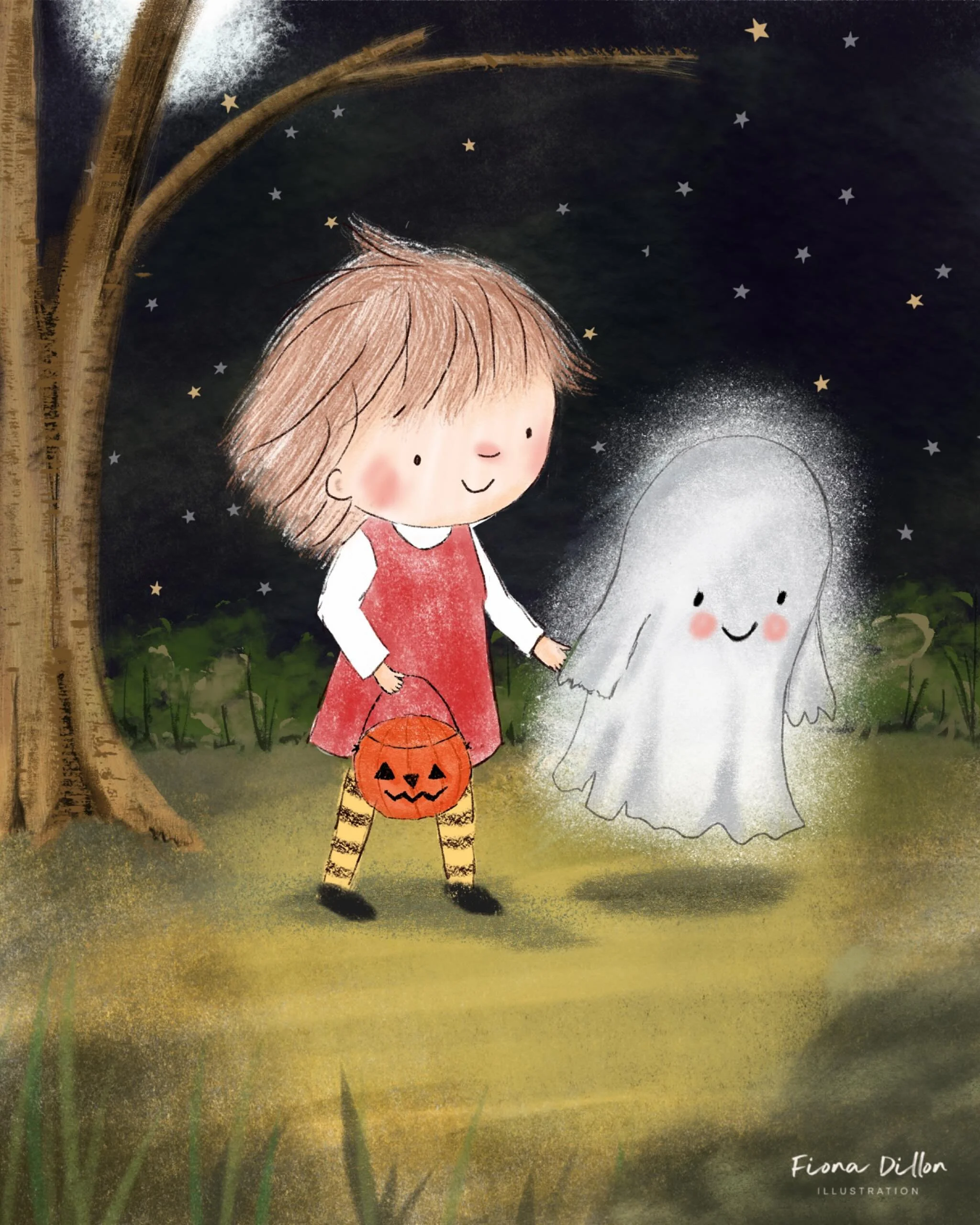 A pumpkin carried, round and sweet,
The ghost drifts softly at her feet.
Through forest paths they laugh in tune,
Beneath the bright and bouncy moon.

Trying out a slightly different style🎃

#childrensillustration #kidlitart #halloweenillustration #