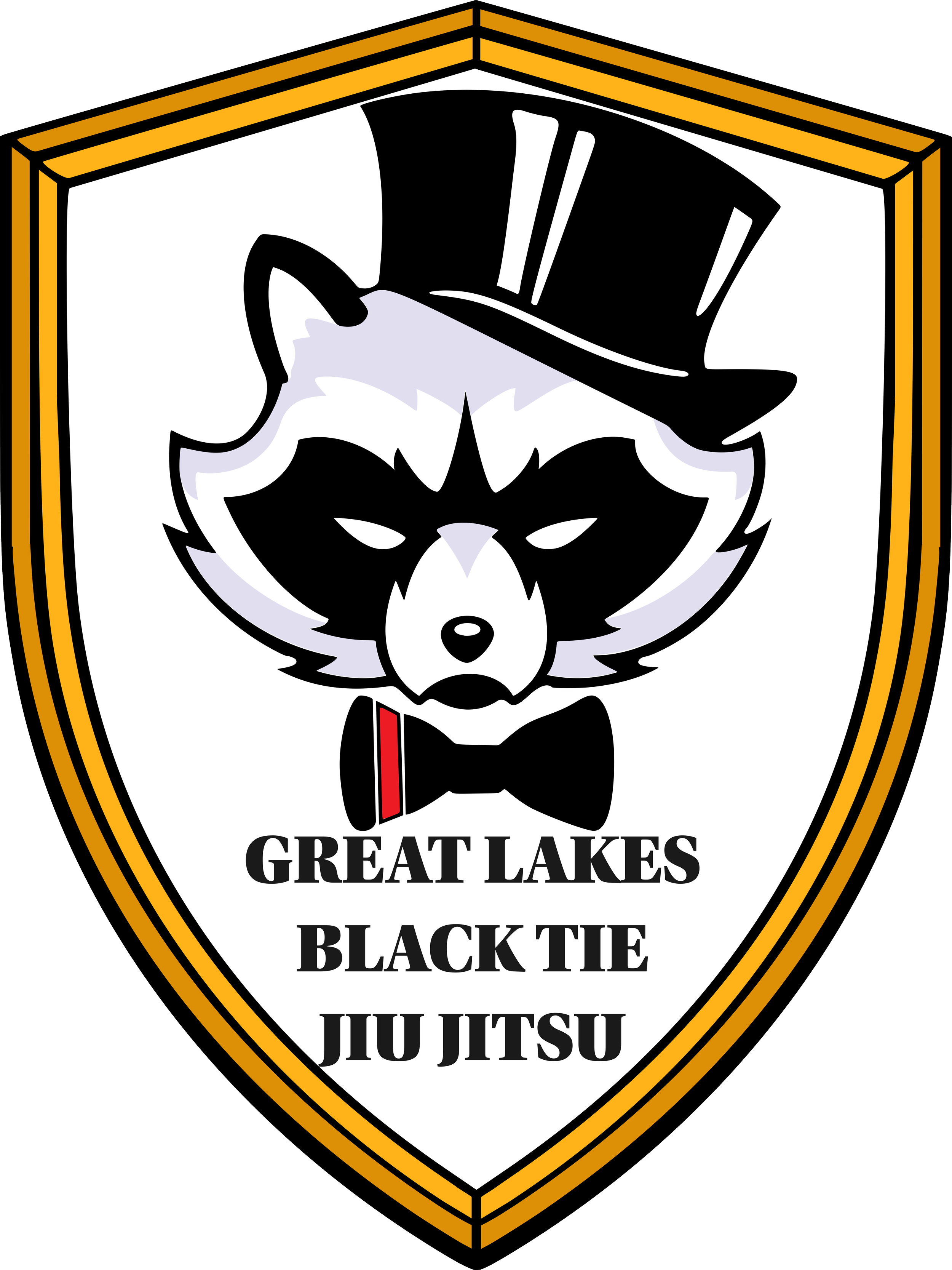 Shield-shaped emblem featuring a stylized wolf wearing a tuxedo and top hat, with the words "Great Lakes Black Tie Jiu Jitsu" written below.