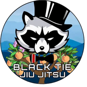 Logo featuring a raccoon with black and white fur, wearing a black top hat and bow tie, surrounded by green leaves and peaches, with the text 'Black Tie Jiu Jitsu' below.
