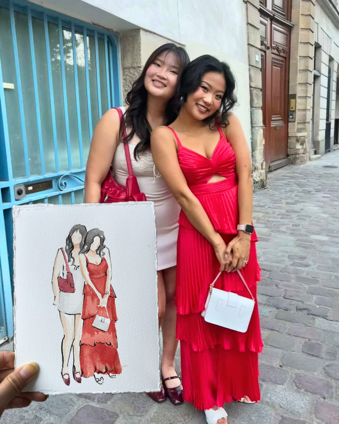 Watercolour guest portrait shown beside a picture of two girls posing for a photo in a white and red dress