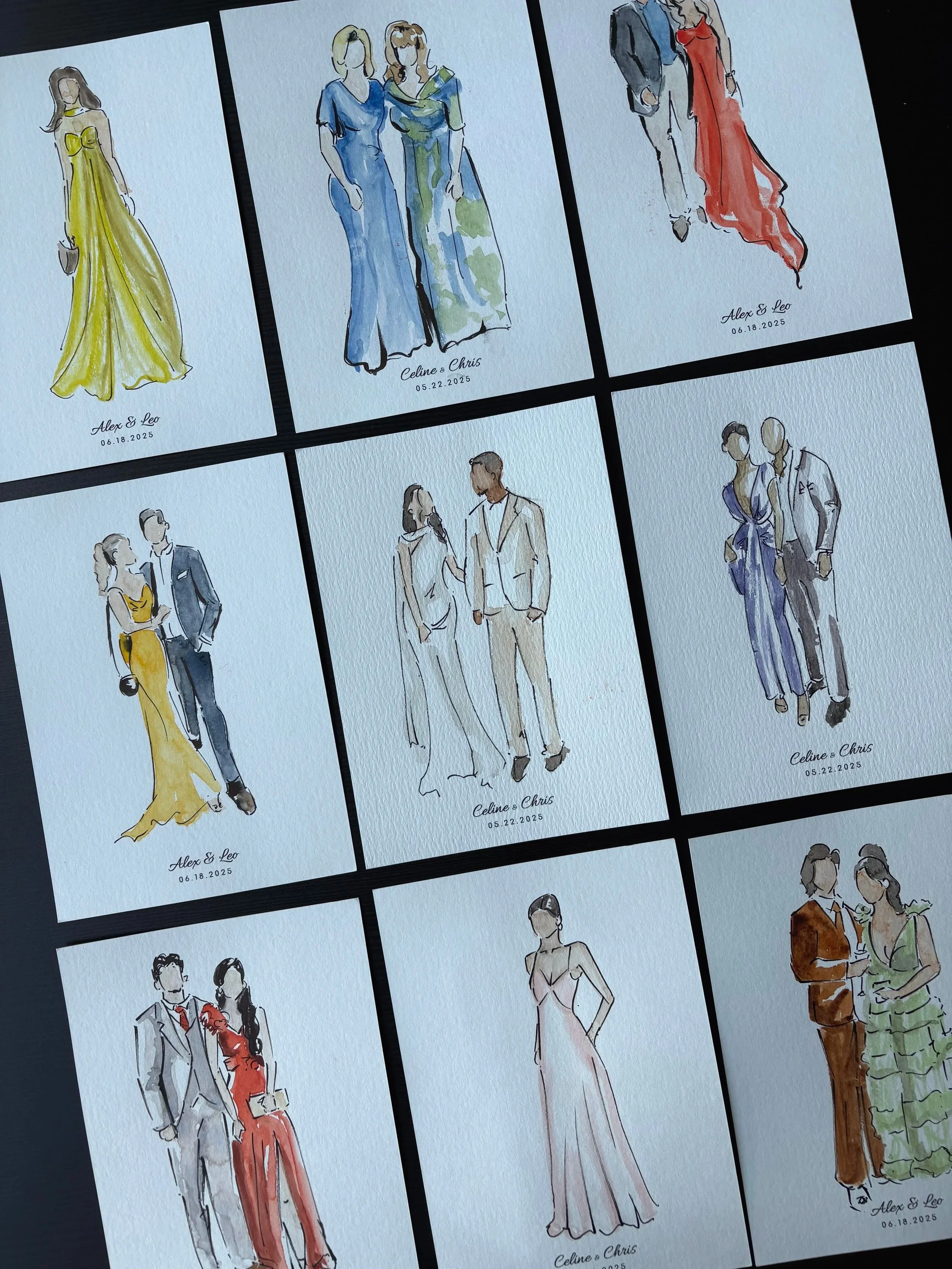 A collection of nine watercolor illustrations of people dressed in formal attire, each labeled with names and a date, likely representing wedding or special occasion fashion.