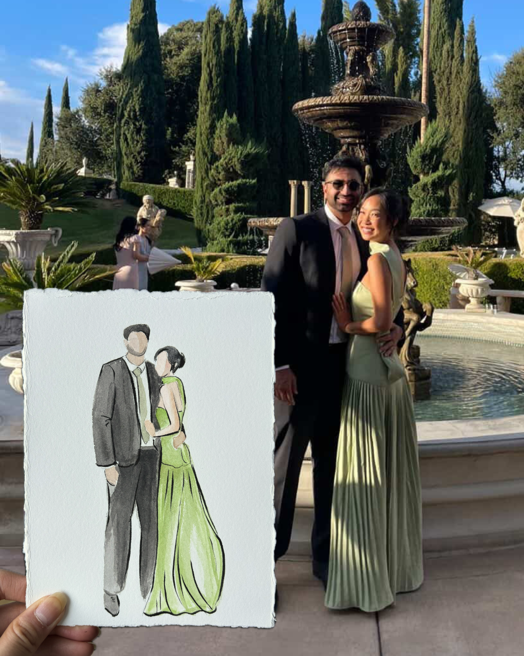 Watercolour guest portrait shown beside a picture of a couple posing for a photo in a garden, wearing a black suit and a green dress