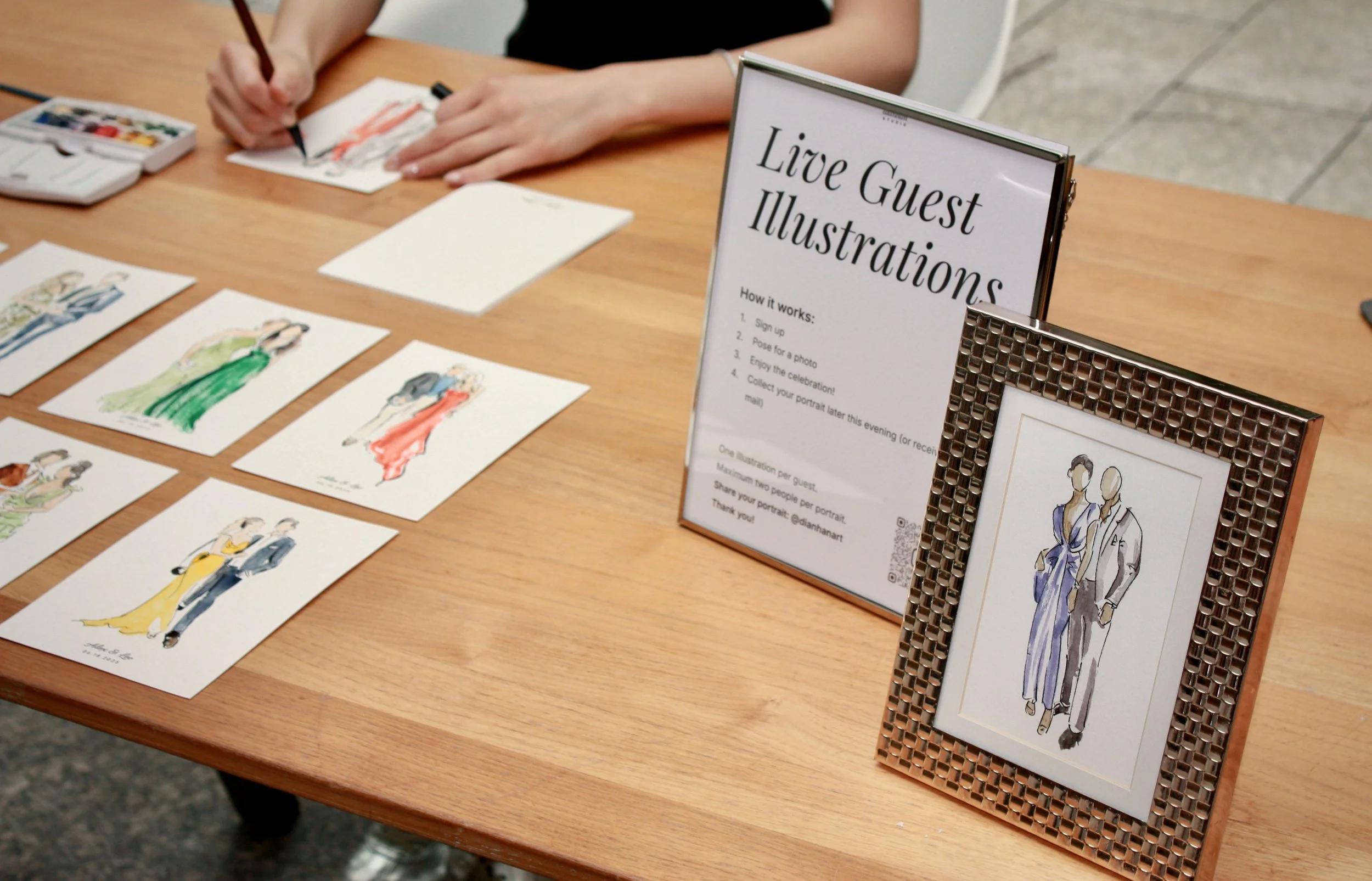 signage for live wedding guest portrait artist illustrations