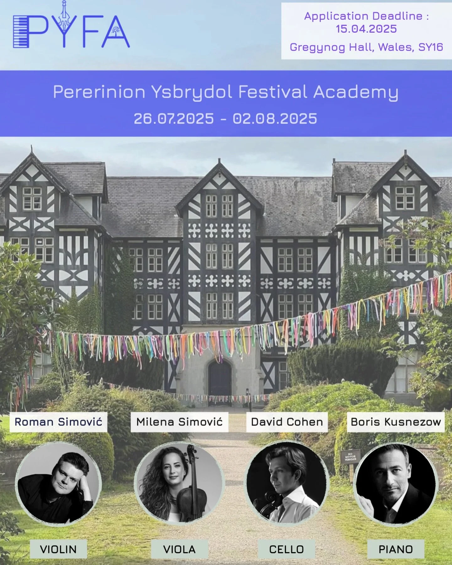 ✨ Check out our all star faculty for PYFA 2025 ✨

⭐ Roman Simovic - 🎻 Violin @romansimovic 
⭐ Milena Simovic - 🎻 Viola @milena.simovic 
⭐ David Cohen - 🎻 Cello @davidcohenmusician 
⭐ Boris Kusnezow - 🎹 Piano @boris.kusnezow 

Don&rsquo;t forget t