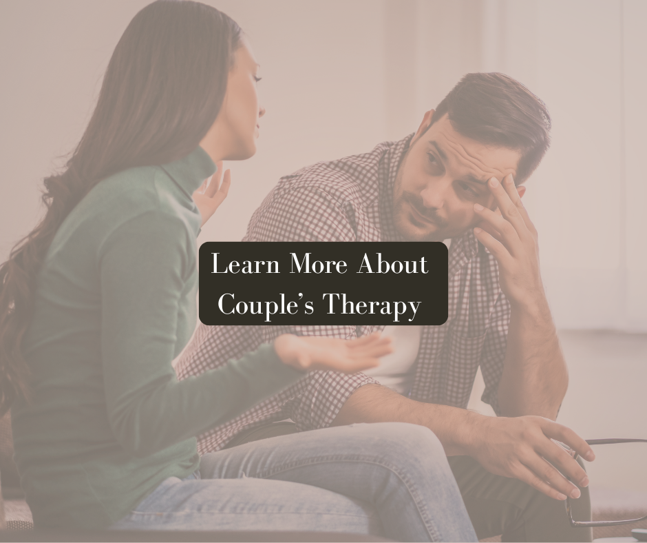 Woman expressing herself to her partner during a therapy session, with “Learn More About Couple’s Therapy” text overlay.