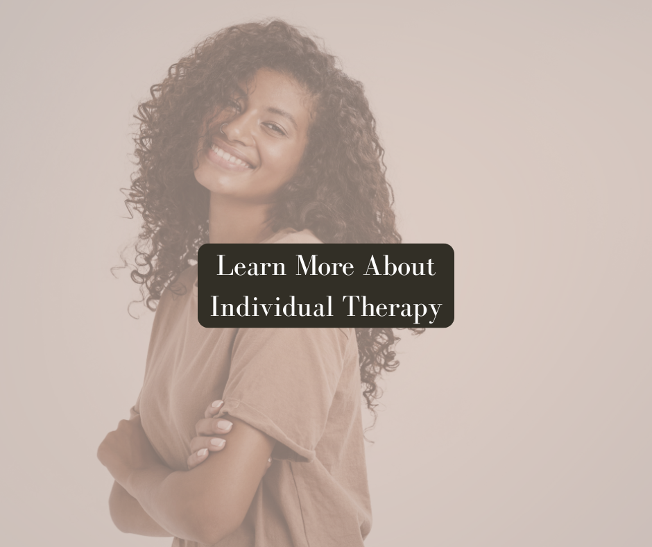 Confident woman smiling in a beige outfit with overlay text saying “Learn More About Individual Therapy.”