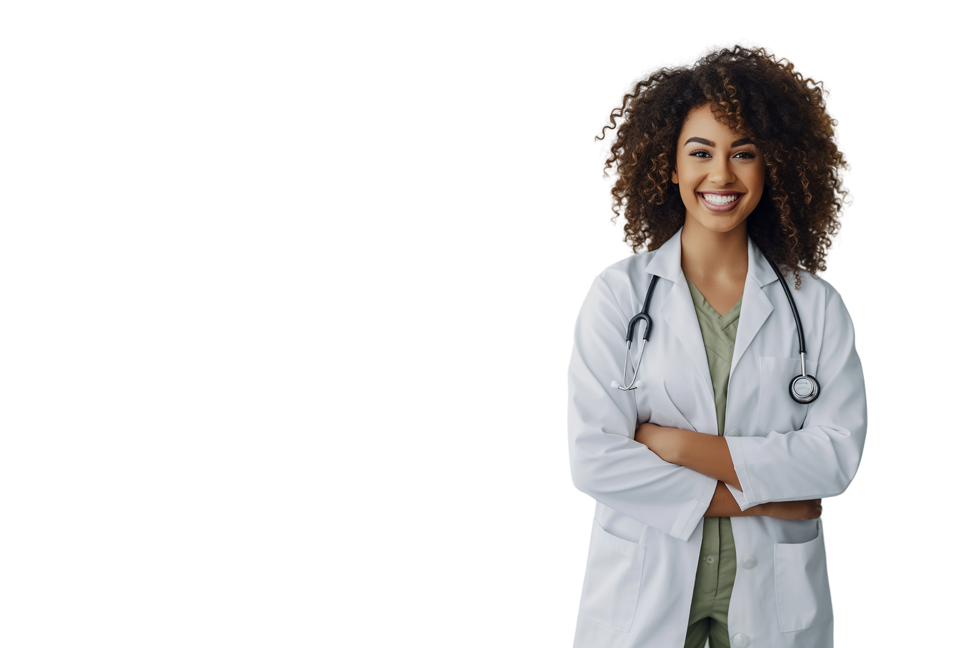 Smiling doctor in white coat with stethoscope, arms crossed